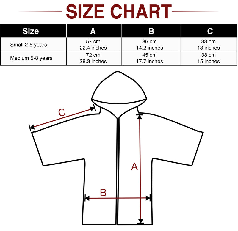 Kids hooded towel size chart and measurements