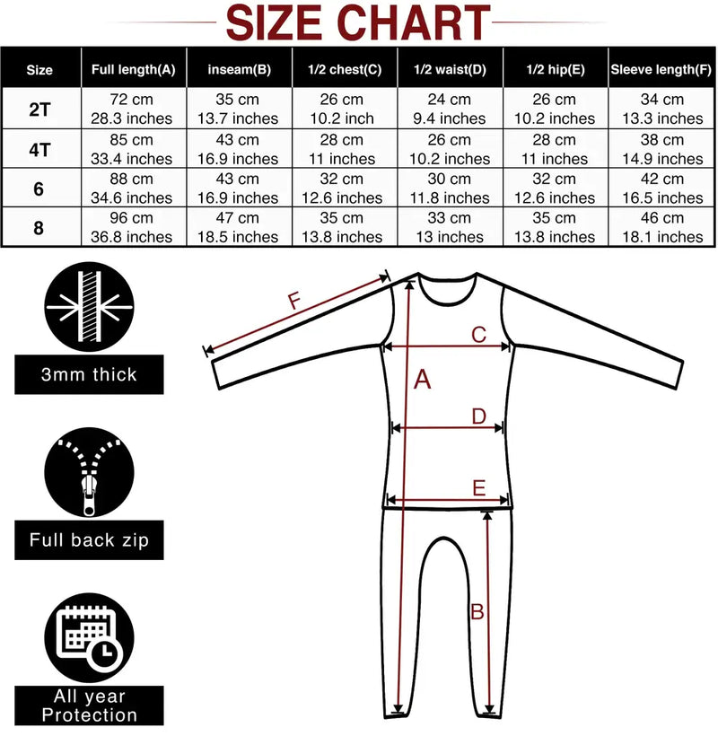Size chart for kids wetsuits